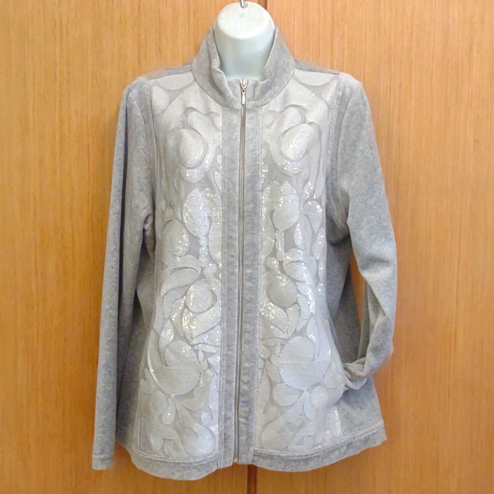 Zenergy Chico's SZ 2 Gray Velour Front Zip w/Sequins Jacket.